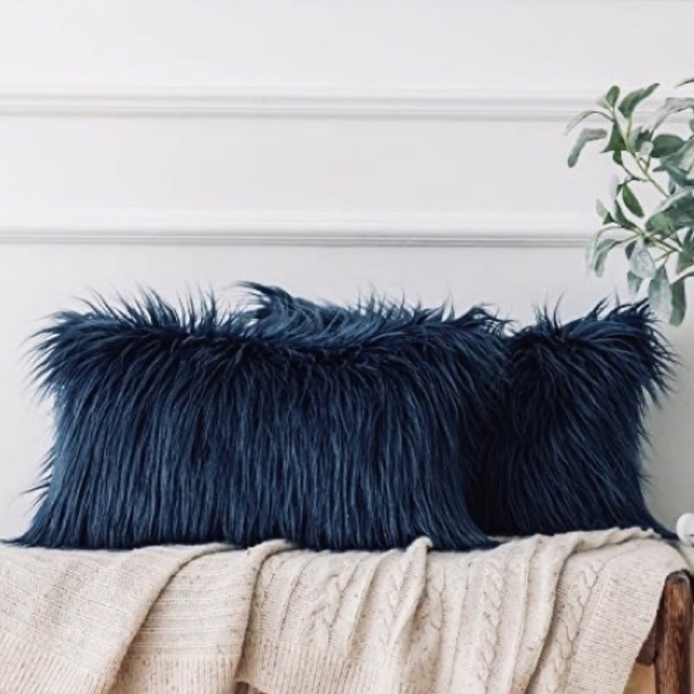 Faux Fur Lumbar Throw Pillows - Navy Blue